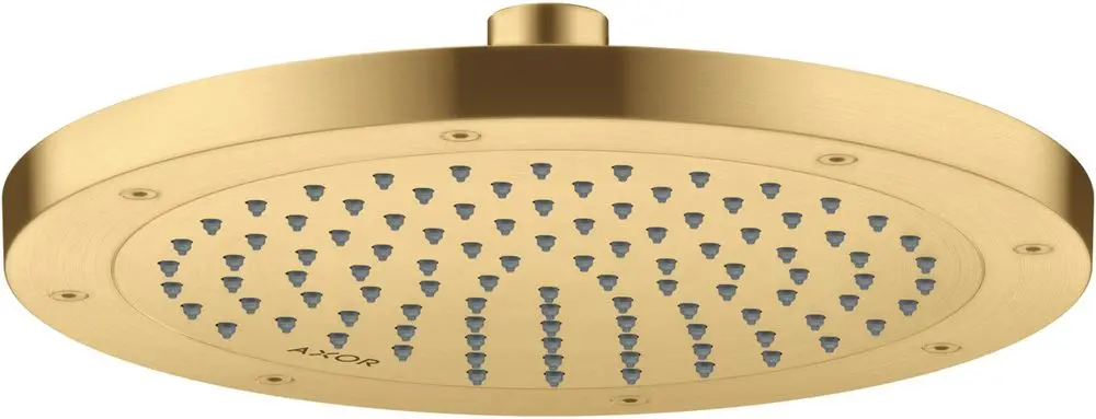 Große runde Kopfbrause in gebürstetem Gold mit mehreren Düsenauslässen, hergestellt von AXOR, für eine moderne Dusche.
